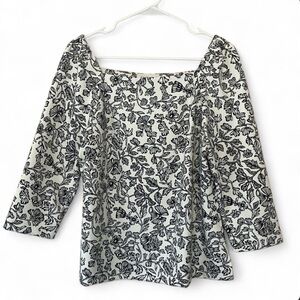 Mellóday Black & White Floral Squared Neck 3/4 Sleeve Blouse Size Medium